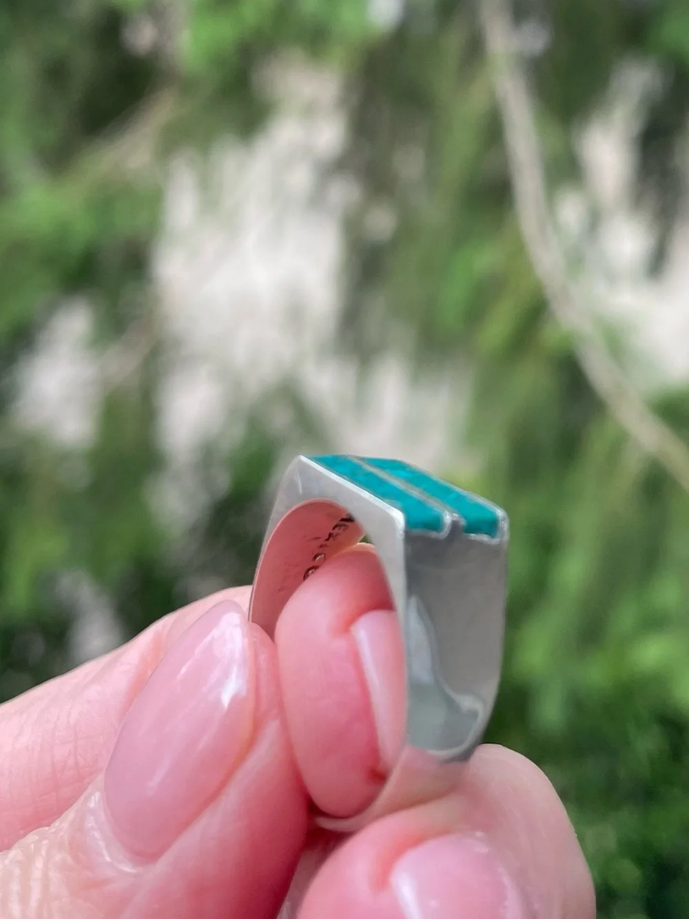 Turquoise Inlay Signet Ring in Sterling with Mexico and Maker Hallmarks, 6.5 - Picture 13 of 15